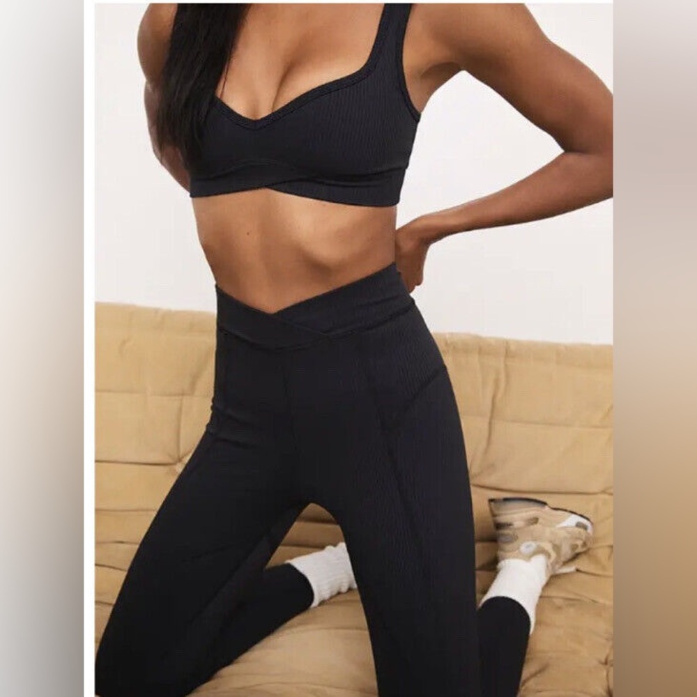 For Love And Lemons Ella Ribbed Crossover Black Yoga Leggings Size Small